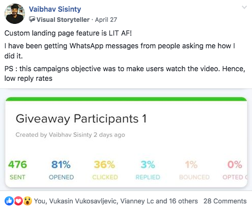 FB community positive user review on the personalized landing page tool