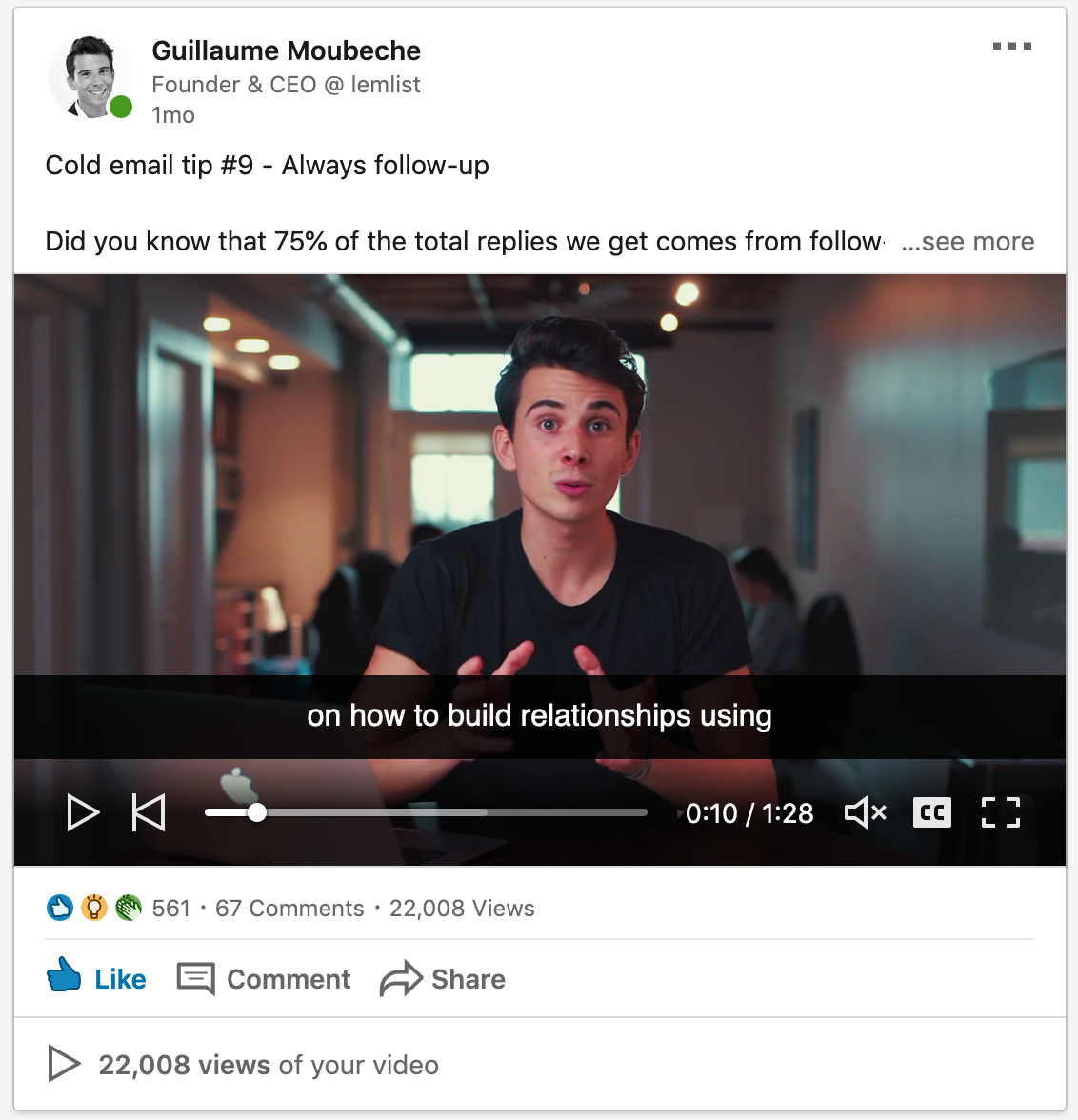 Example of Guillaume repurposing content on LinkedIn