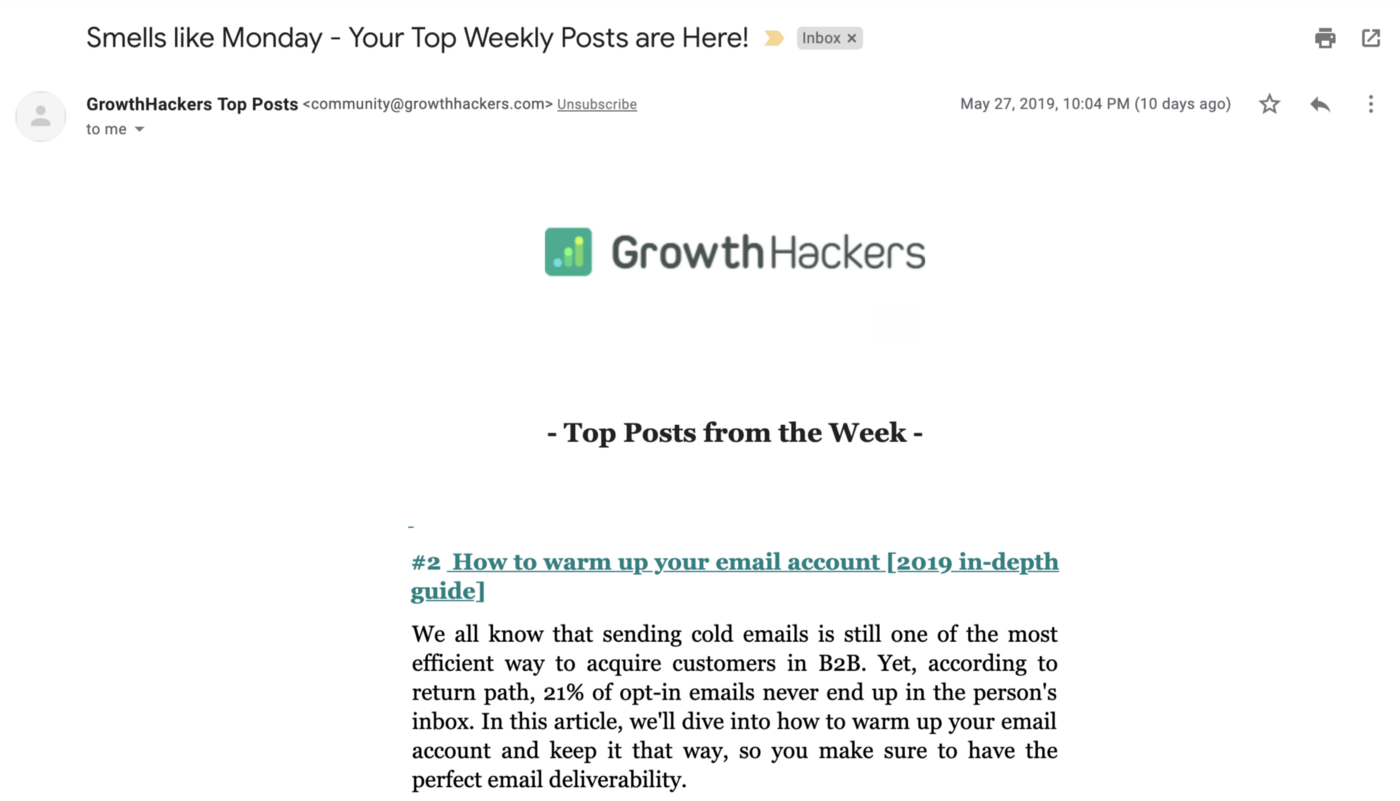 Screenshot of GrowthHackers featuring lemlist on their newsletter