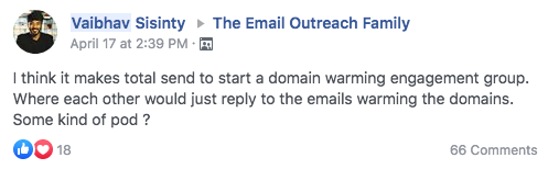 Post from power user in the FB community on email domain warmup